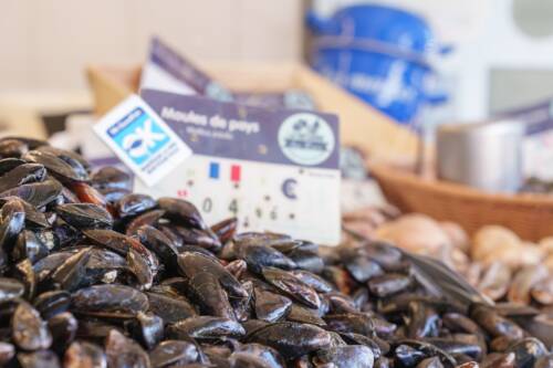 Étals du marché de poisson du quartier du Courgain Maritime avec les traditionnelles moules