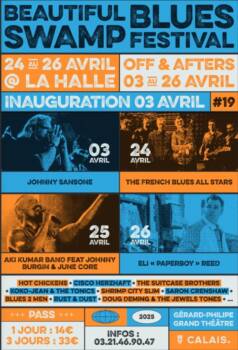 Affiche en bichromie du BSBF, bleue et orange avec quelques artistes présents au festival